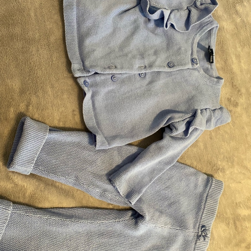 Baby blue knit cardigan and pants size 12 to 18 top and 18 to 24 on bottom